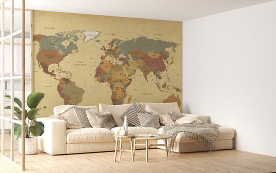 Antique World Map Wall Mural for bright living room.