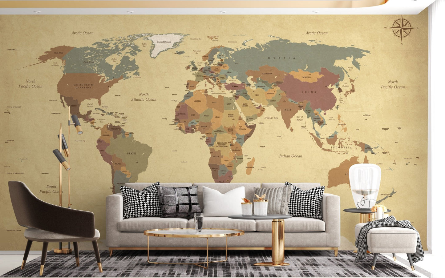 Classic World Map Wall Mural for Home seating area.