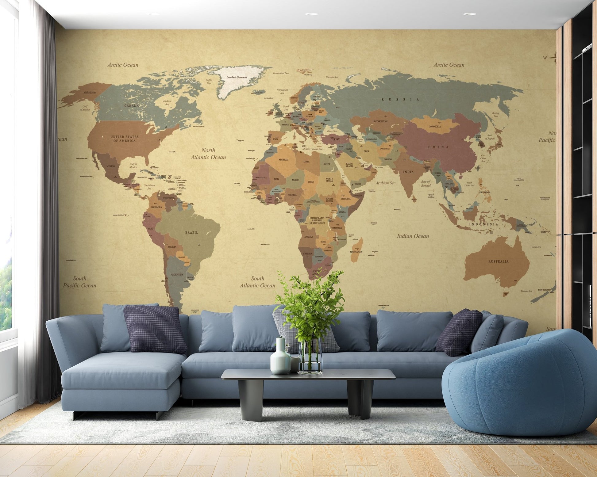 World Map Mural with Vintage Design for Living Room backdrop.