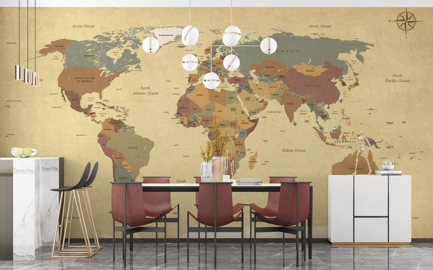 Vintage World Map Wall Mural for Elegant Dining space.