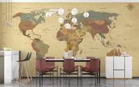 Vintage World Map Wall Mural for Elegant Dining space.