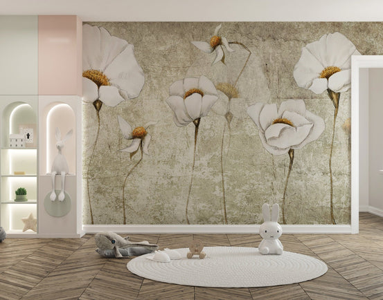 White blossom wall mural in nursery with wooden floor and rabbit toys