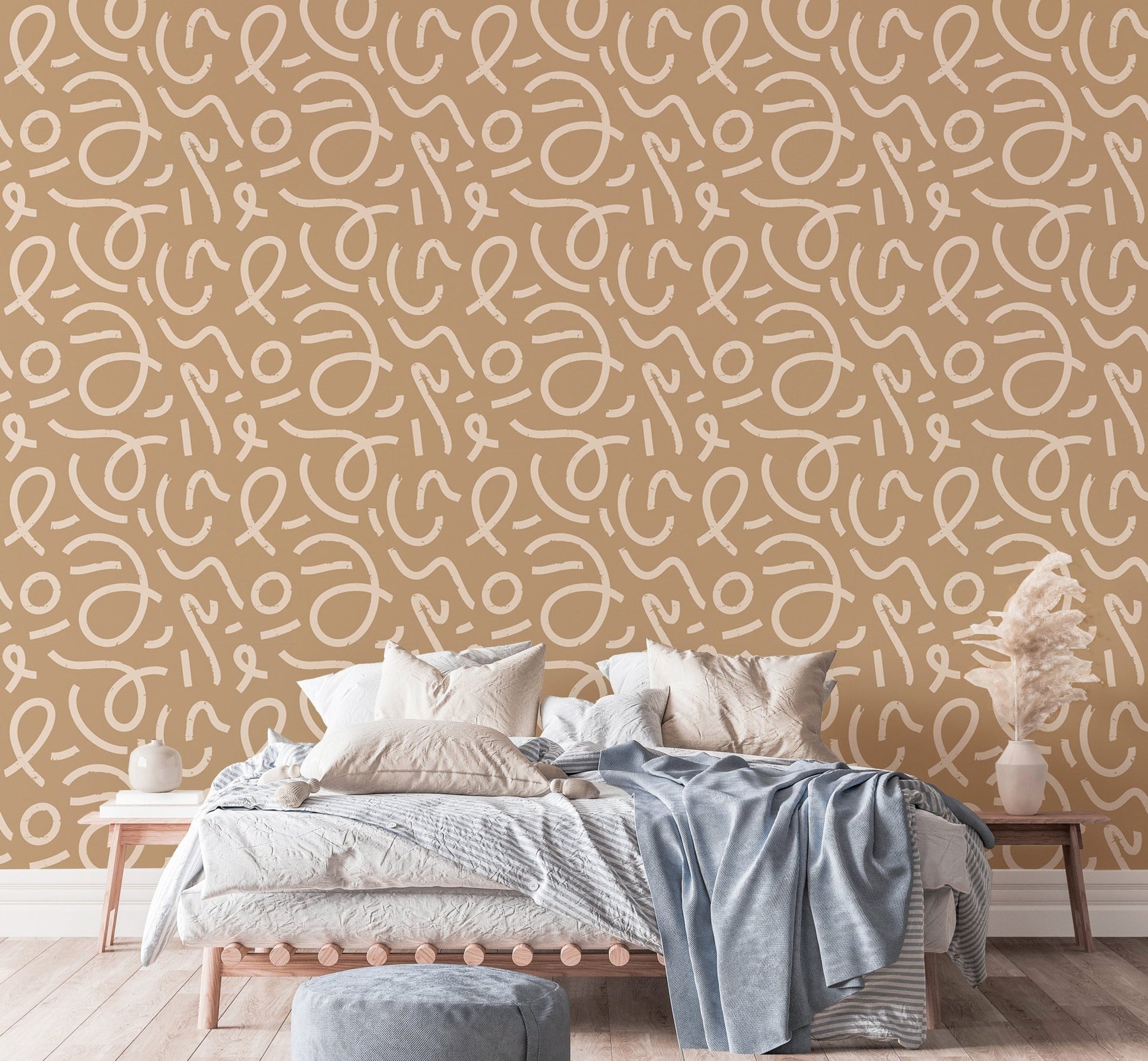 Contemporary bedroom wallpaper with yellow line art on a mustard base