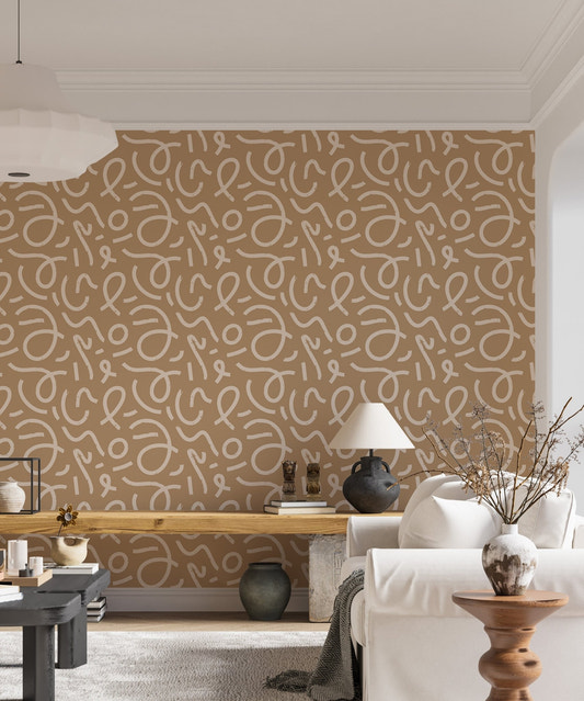 Yellow Abstract Minimal Line Brush Stroke Wallpaper in a modern living room