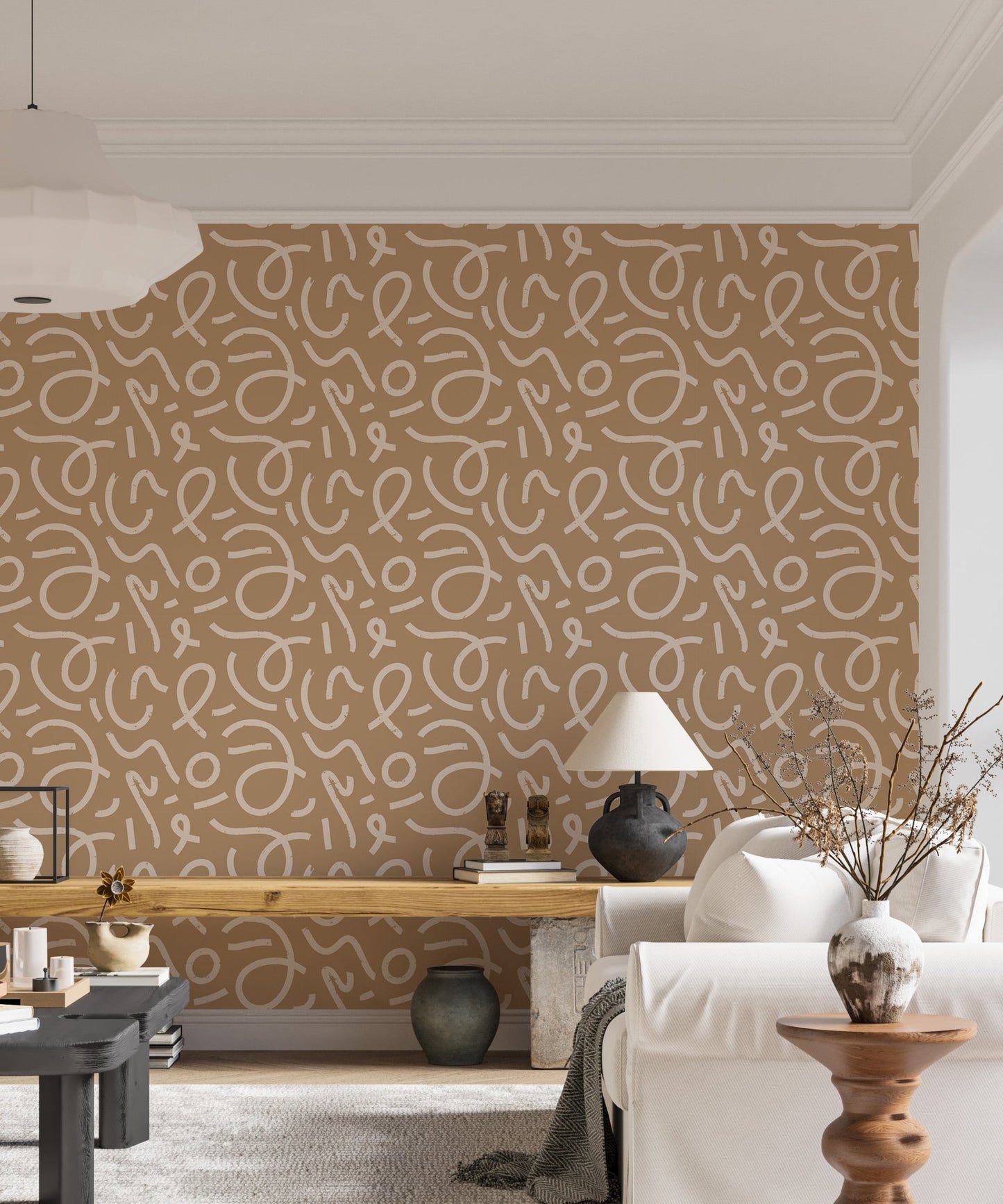 Yellow Abstract Minimal Line Brush Stroke Wallpaper in a modern living room