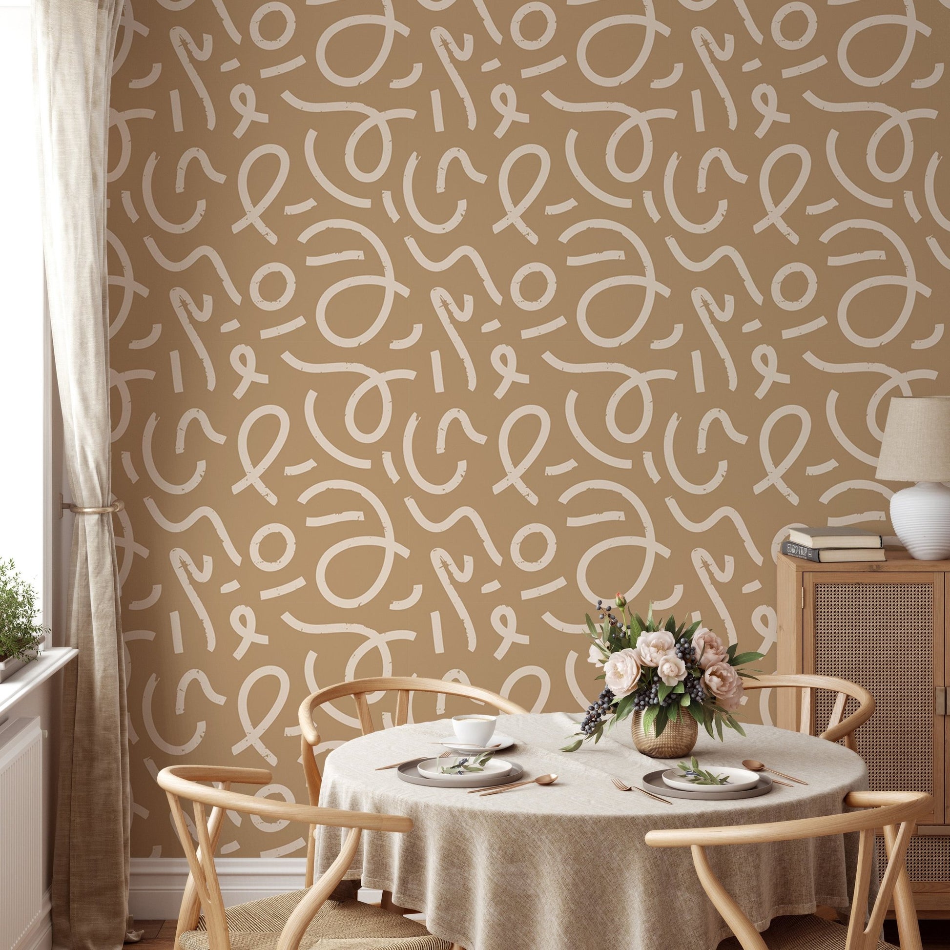 Yellow Abstract Minimal Line Brush Stroke Wallpaper in a bright breakfast room