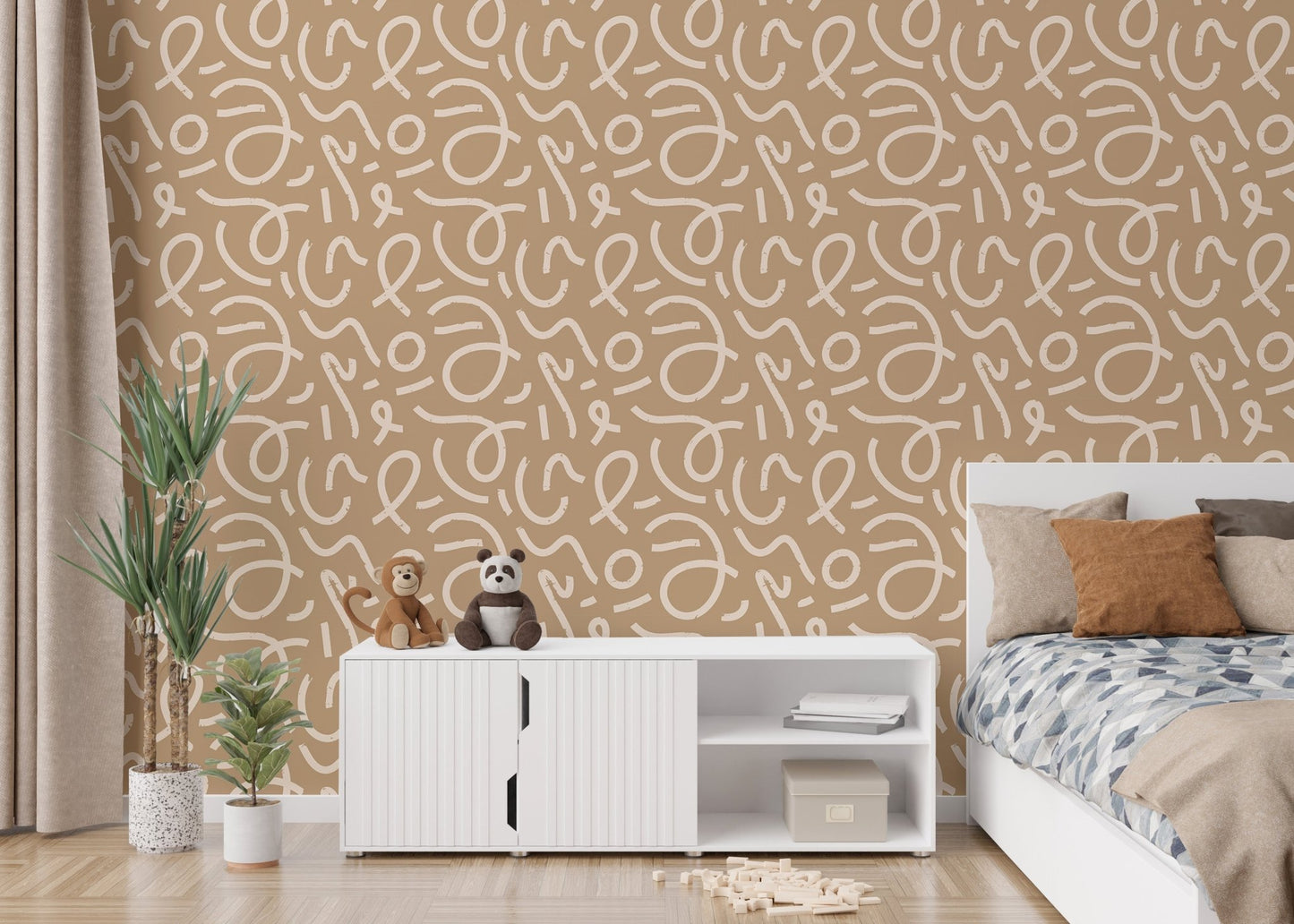 Yellow Abstract Minimal Line Brush Stroke Wallpaper in a bedroom with a white cabinet