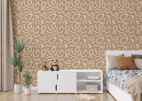 Yellow Abstract Minimal Line Brush Stroke Wallpaper in a bedroom with a white cabinet
