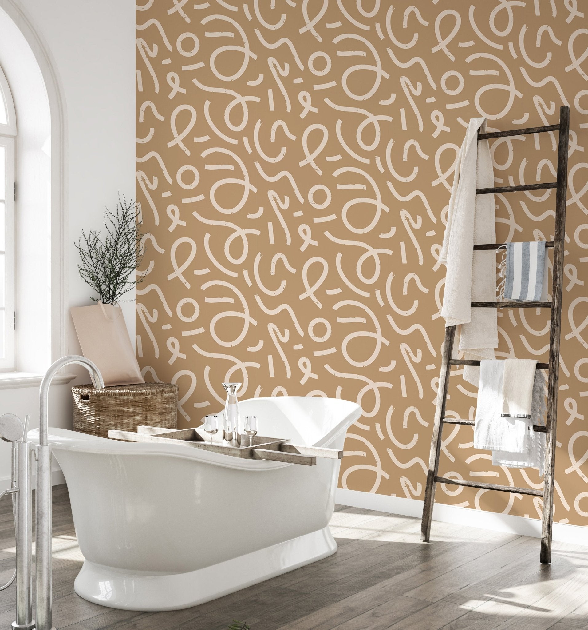 White line brush stroke wallpaper in a bathroom with a white bathtub