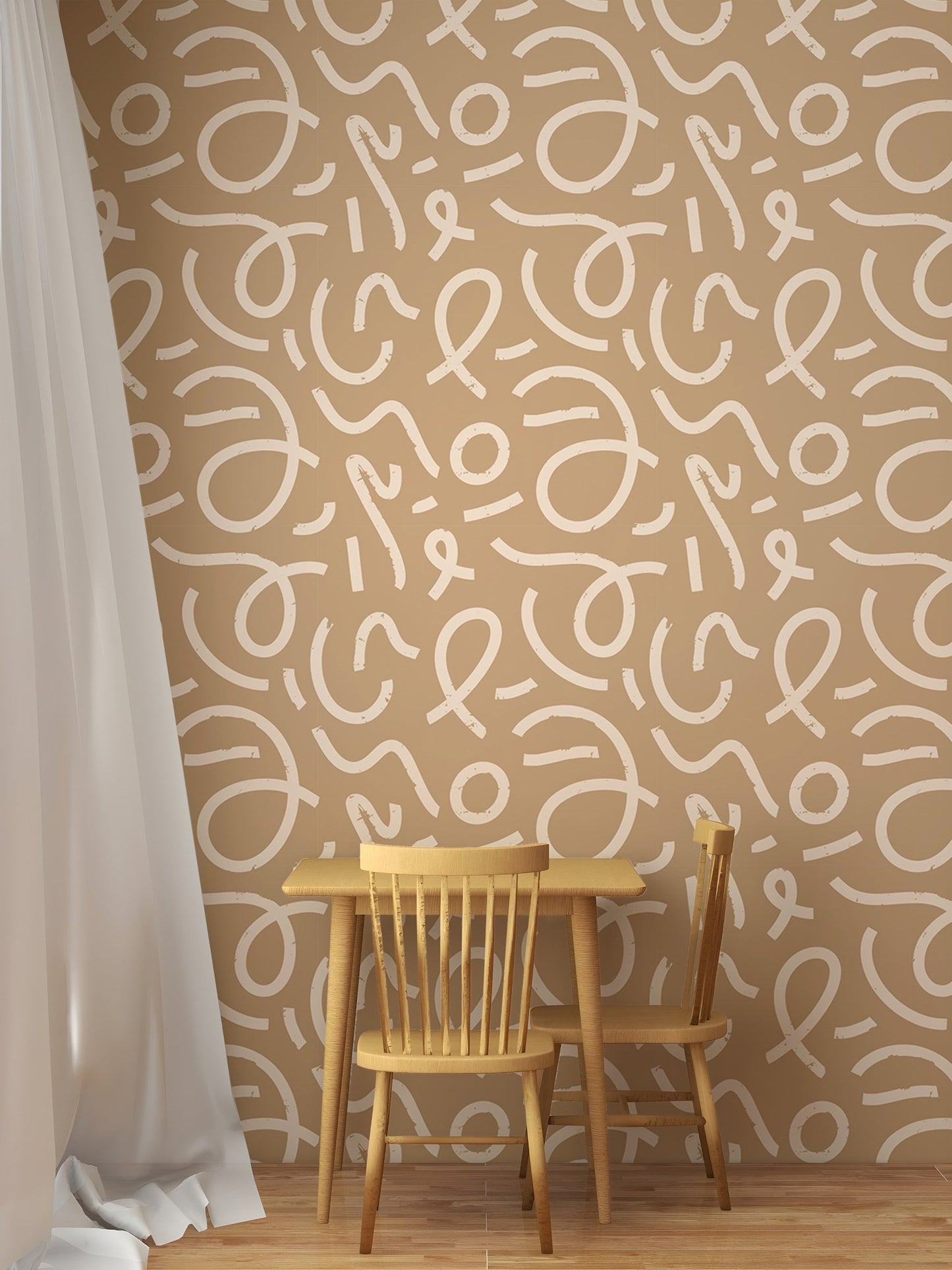 Yellow Abstract Minimal Line Brush Stroke Wallpaper in a small wooden dining nook