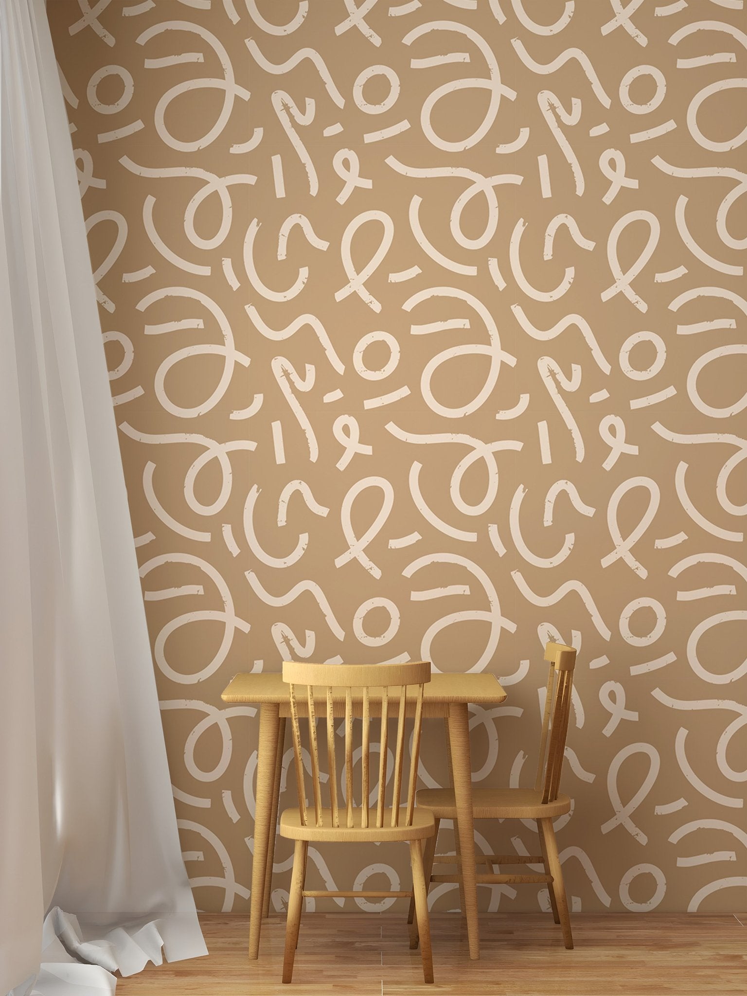 Yellow Abstract Minimal Line Brush Stroke Wallpaper in a small wooden dining nook