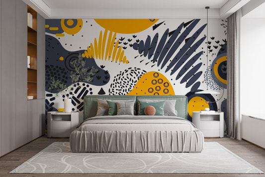 Modern bedroom with yellow and gray abstract shapes wallpaper mural and green headboard.