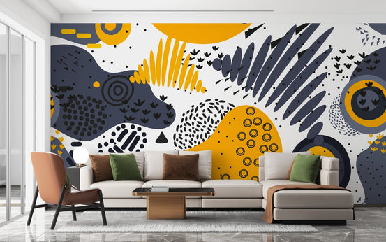 Cozy sitting area featuring a hand-drawn style yellow and gray abstract wall mural.