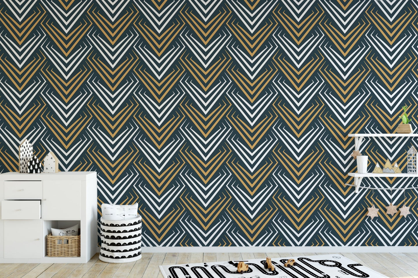 Yellow and White Vintage Abstract Art Deco Wallpaper in a playroom with white cabinets.