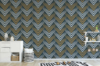 Yellow and White Vintage Abstract Art Deco Wallpaper in a playroom with white cabinets.