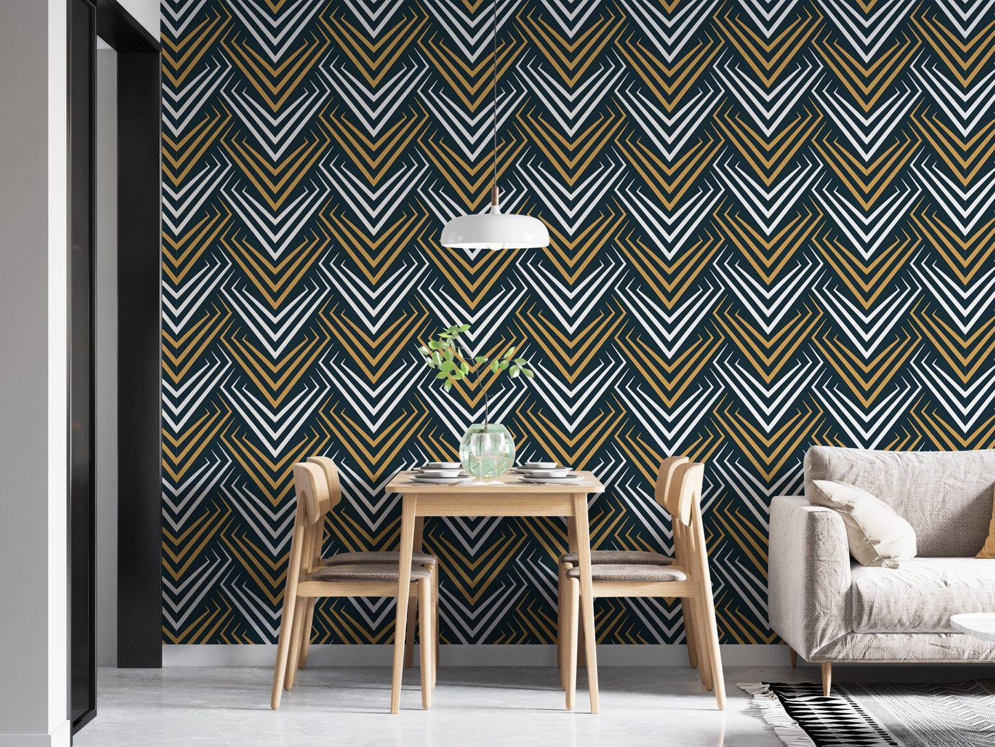 Yellow and White Vintage Abstract Art Deco Wallpaper in a dining space with wood furniture.