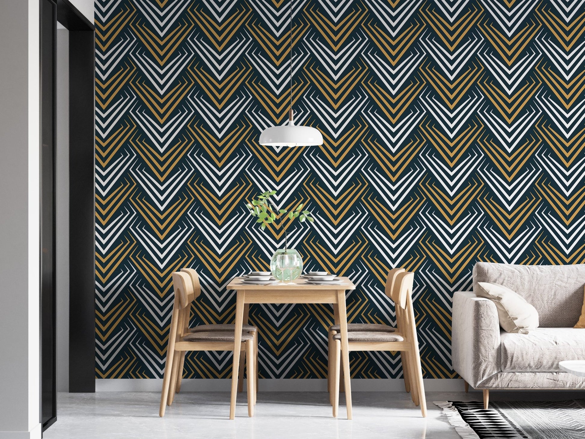 Yellow and White Vintage Abstract Art Deco Wallpaper in a dining space with wood furniture.