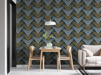 Yellow and White Vintage Abstract Art Deco Wallpaper in a dining space with wood furniture.