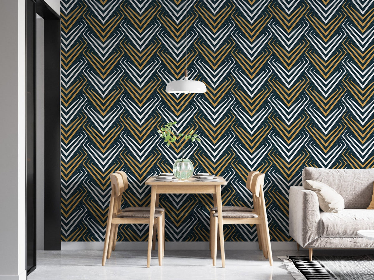Yellow and White Vintage Abstract Art Deco Wallpaper in a dining space with wood furniture.