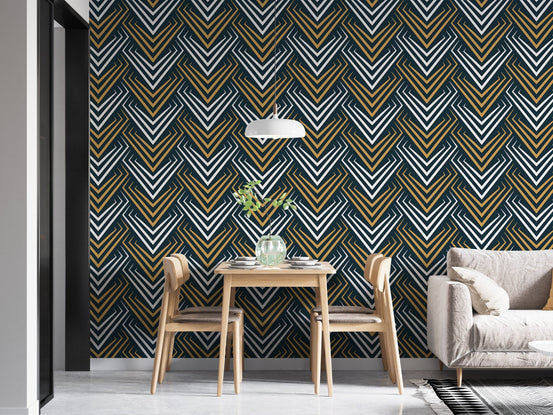 Yellow and White Vintage Abstract Art Deco Wallpaper in a dining space with wood furniture.