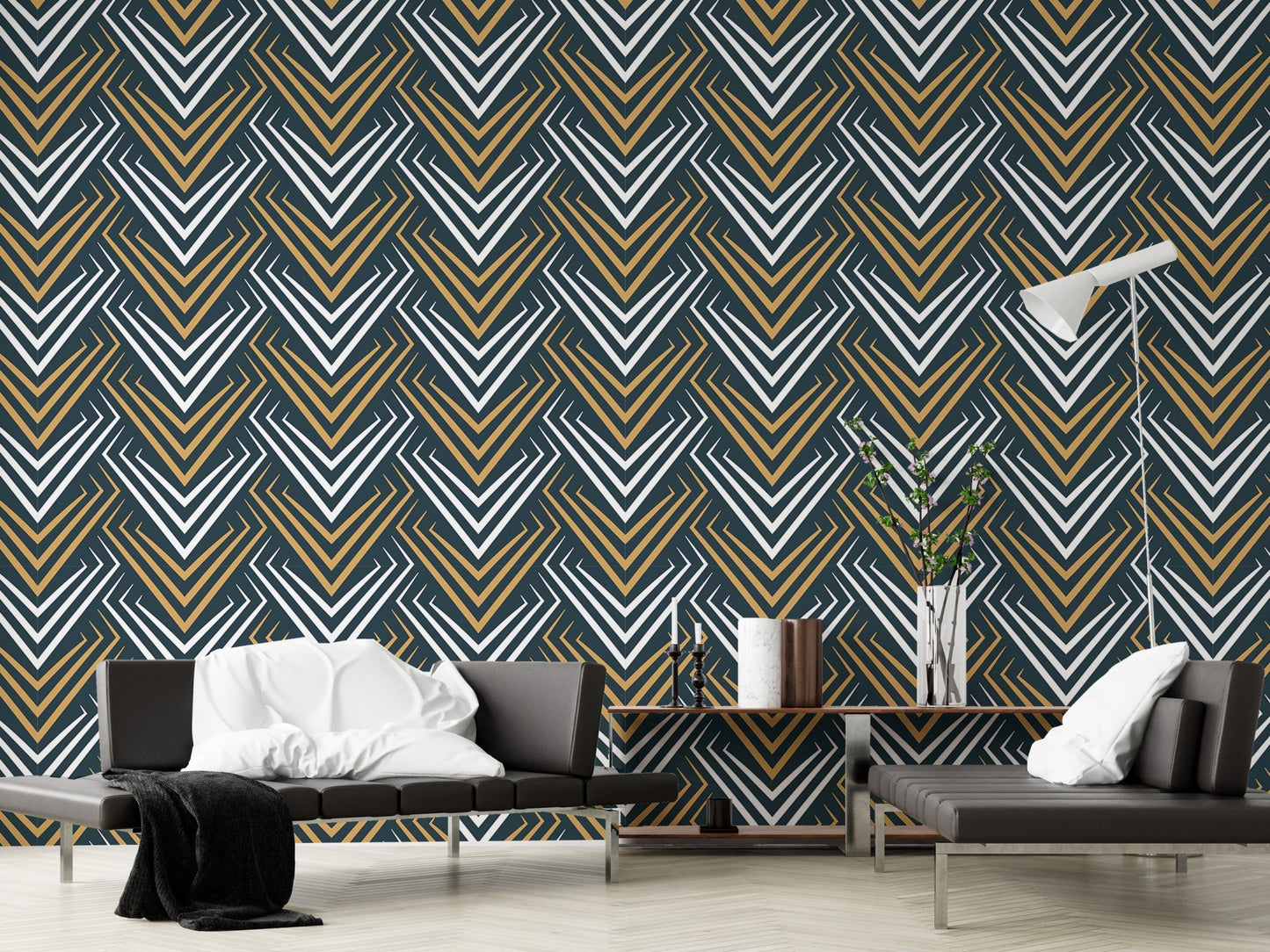 Industrial style abstract wallpaper behind a black metal daybed and floor lamp.