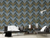 Industrial style abstract wallpaper behind a black metal daybed and floor lamp.