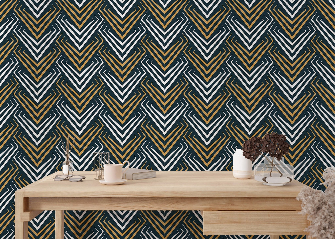 Yellow and White Vintage Abstract Art Deco Wallpaper behind a light wood office desk.