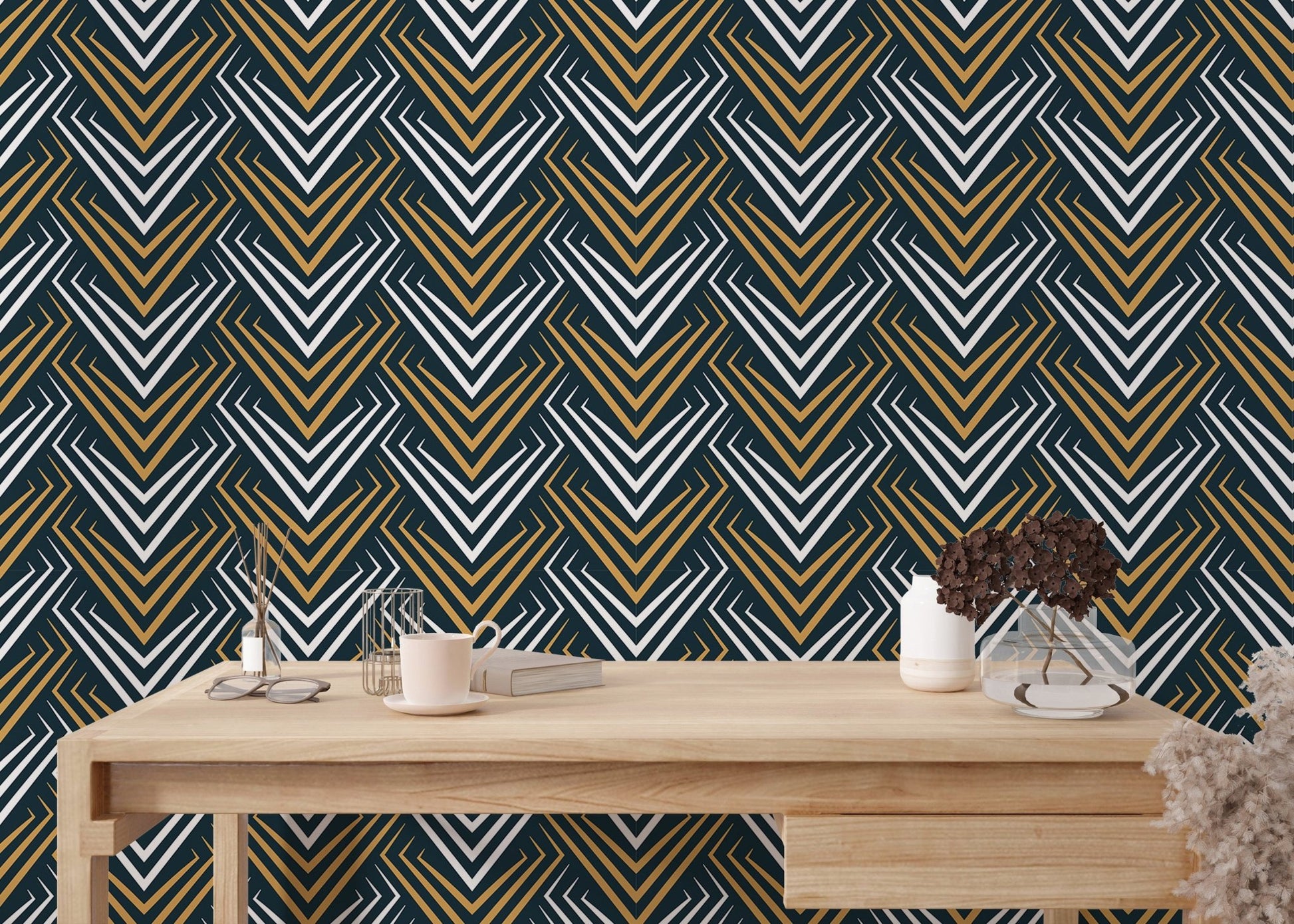 Yellow and White Vintage Abstract Art Deco Wallpaper behind a light wood office desk.