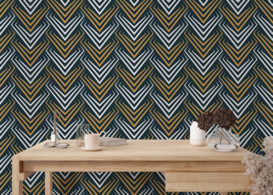 Yellow and White Vintage Abstract Art Deco Wallpaper behind a light wood office desk.