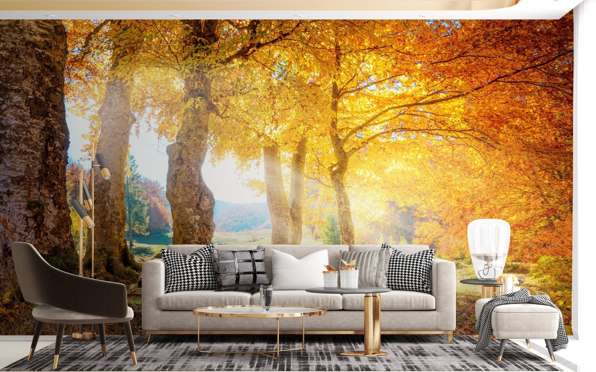 Fall Yellow Leaves Forest Mural for Cozy Living room Interiors