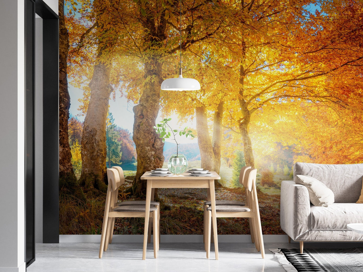 Warm Autumn Yellow Leaves Forest Mural for in a dining space.