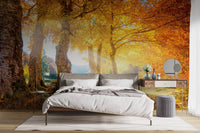 Beautiful Yellow Autumn Forest Wall Mural for bright bedroom.