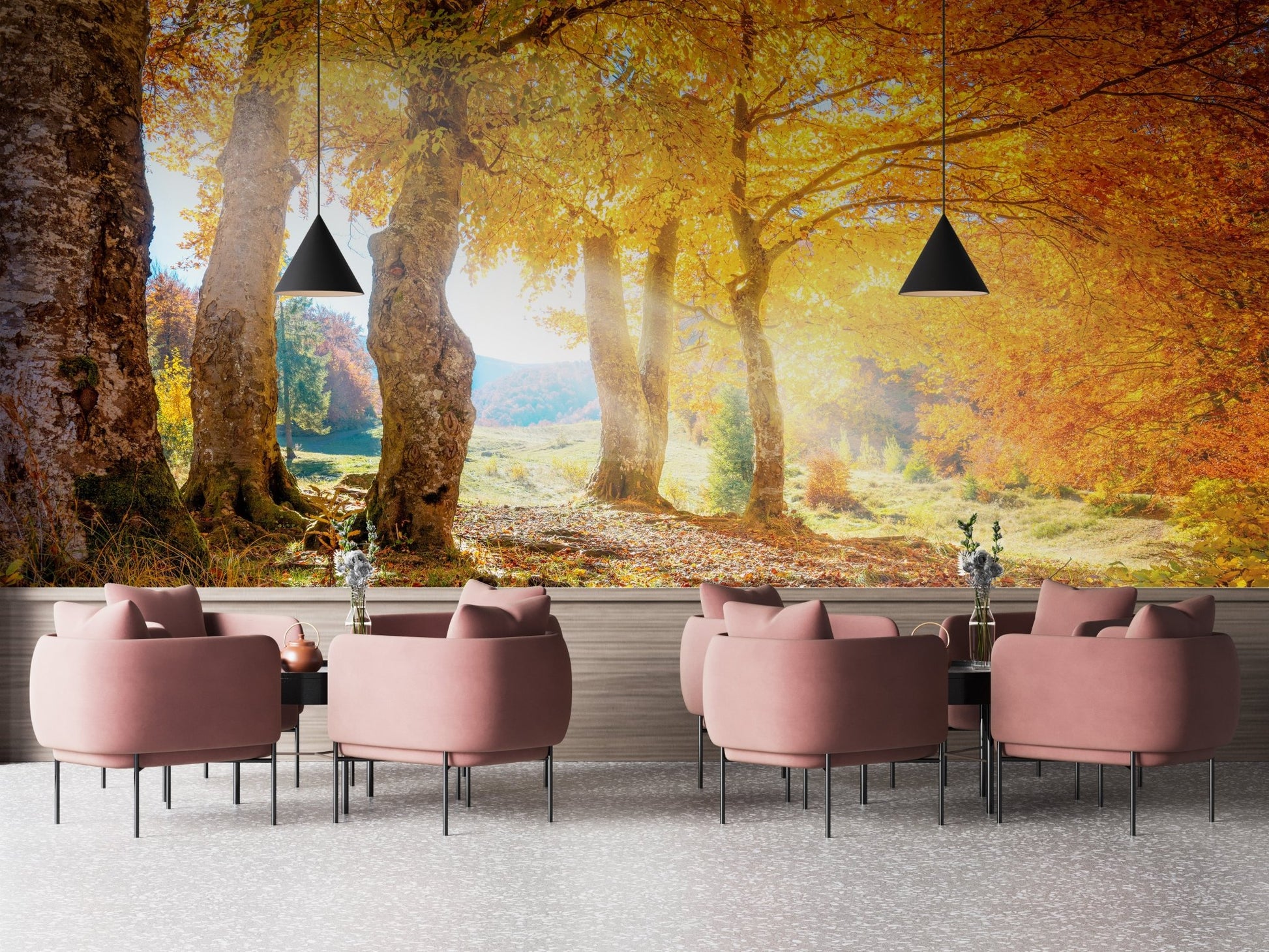Autumn Forest with Yellow Leaves Wall Mural in a lounge with pink velvet chairs. 
