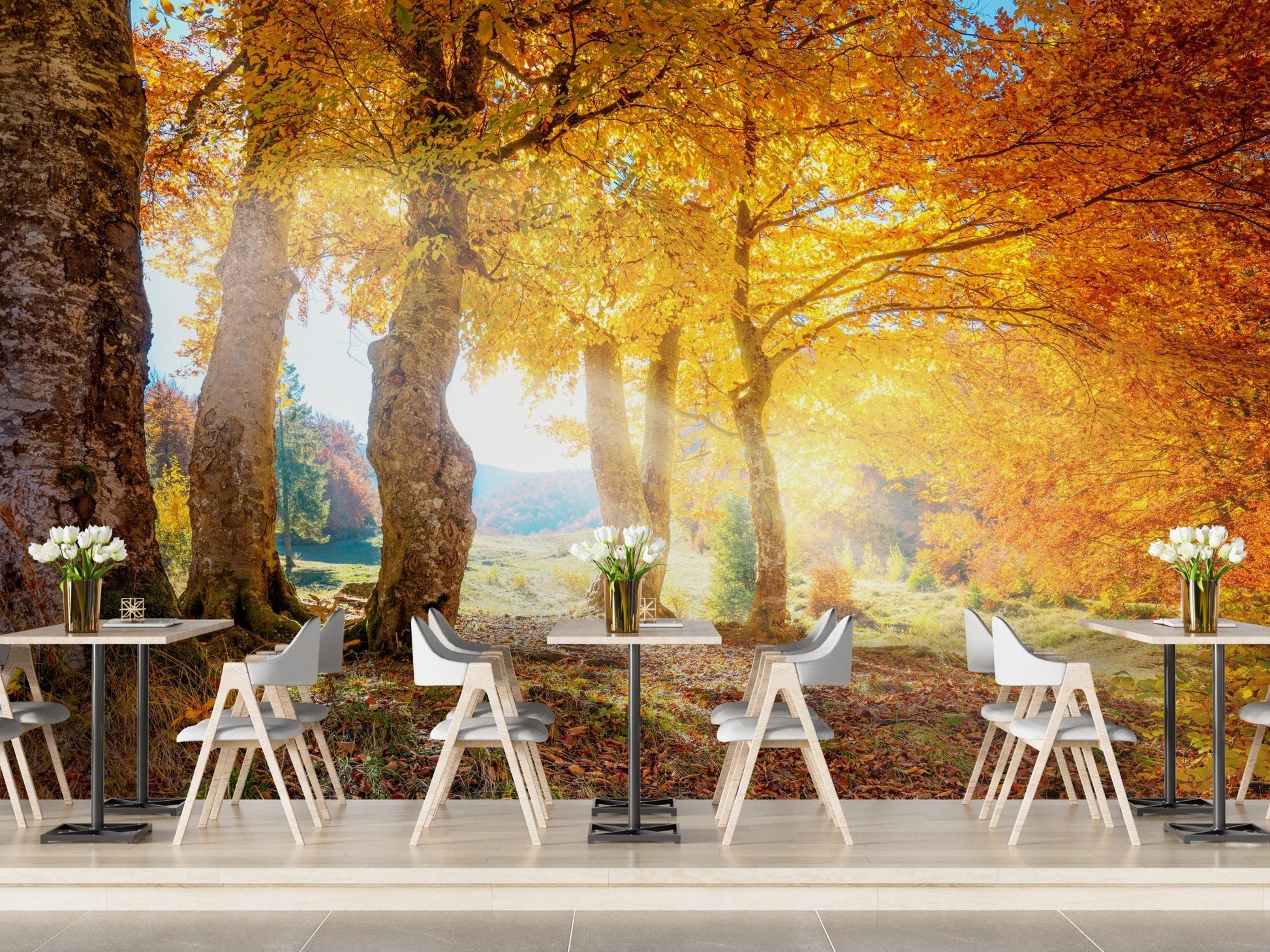 Golden Yellow Autumn Leaves Forest Wall Mural in a dining area.
