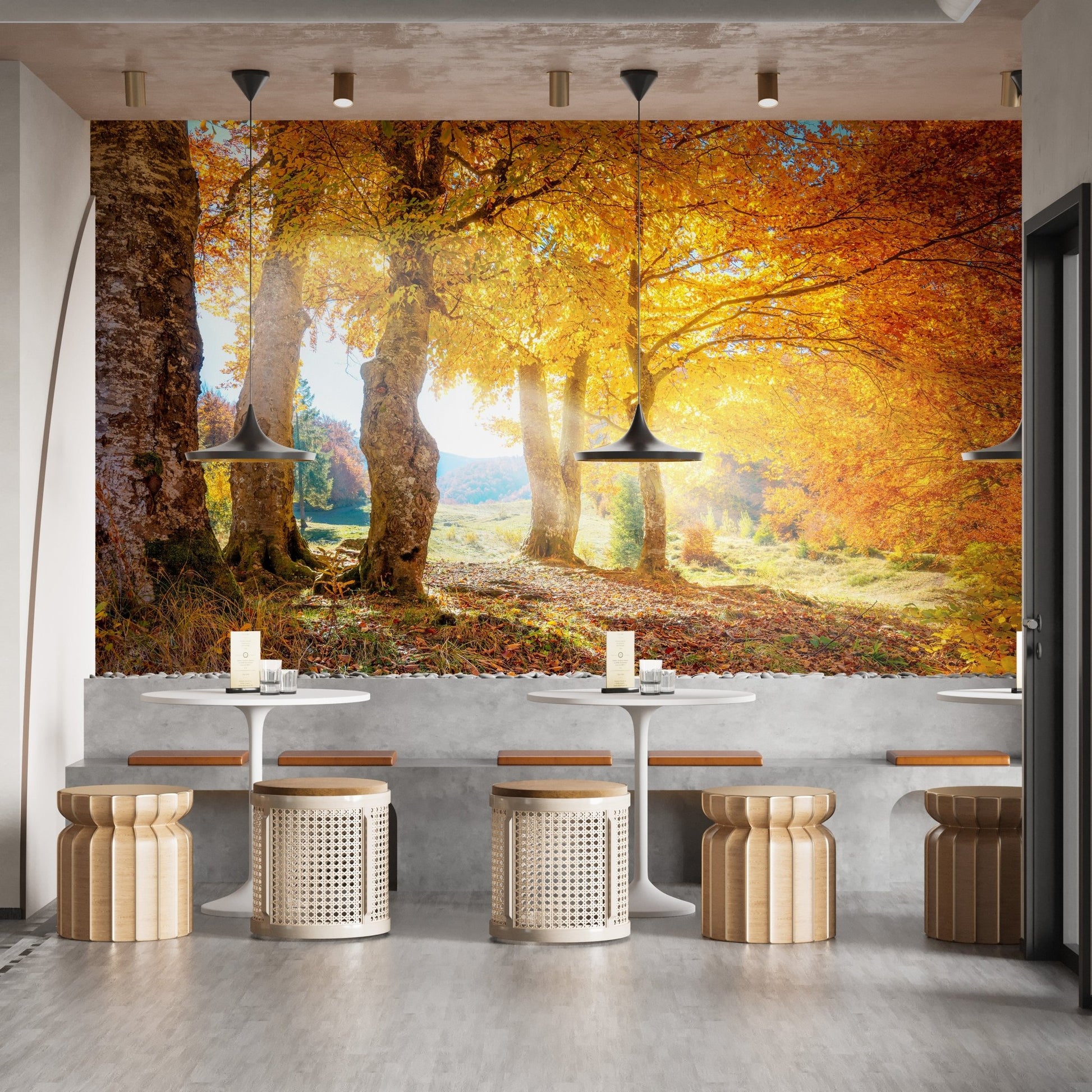 Autumn Forest Mural with Yellow Leaves fin a cafe with pendant lighting.