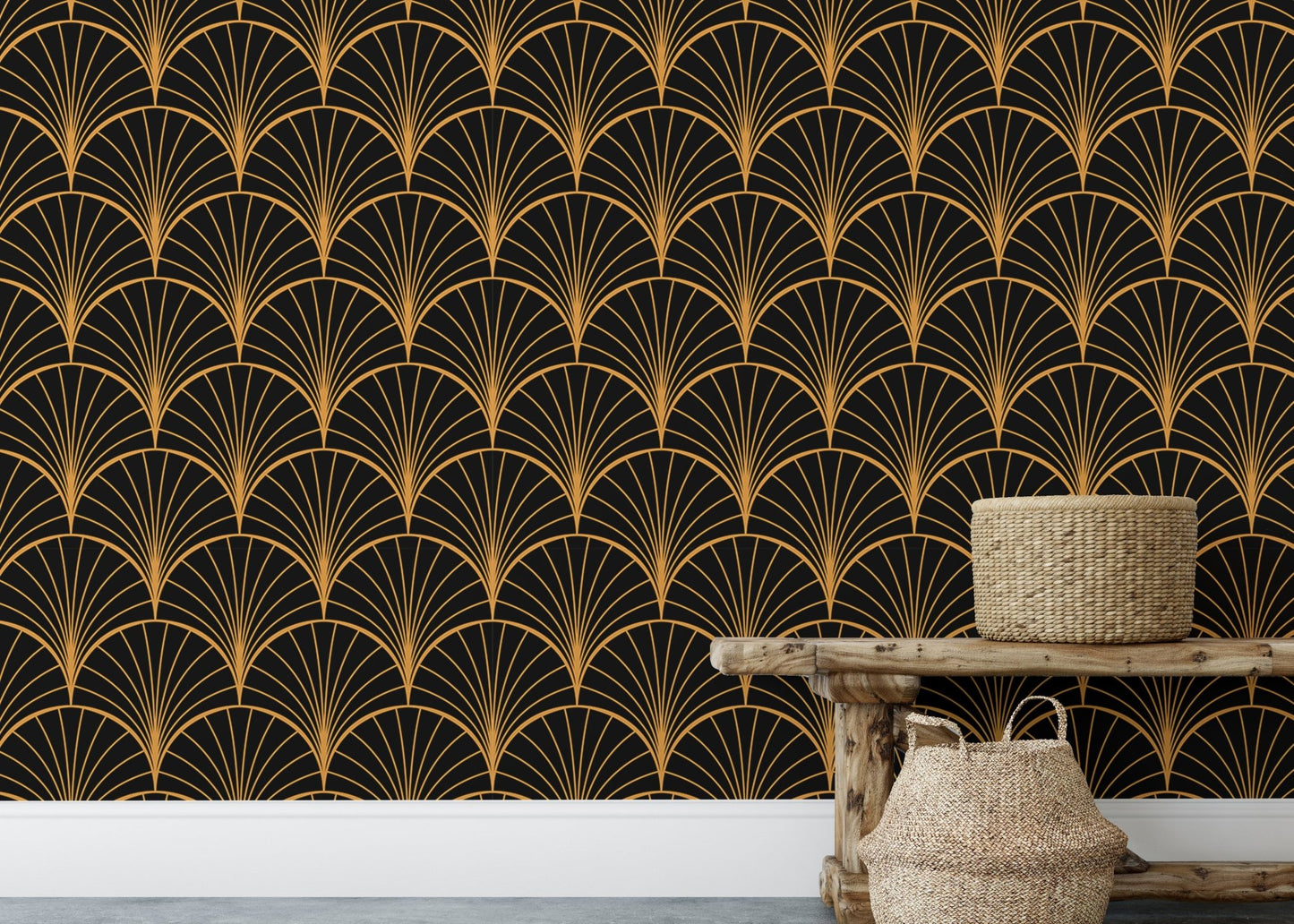 Dark Blue Art Deco wallpaper as a backdrop for a black console table.