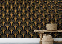 Dark Blue Art Deco wallpaper as a backdrop for a black console table.