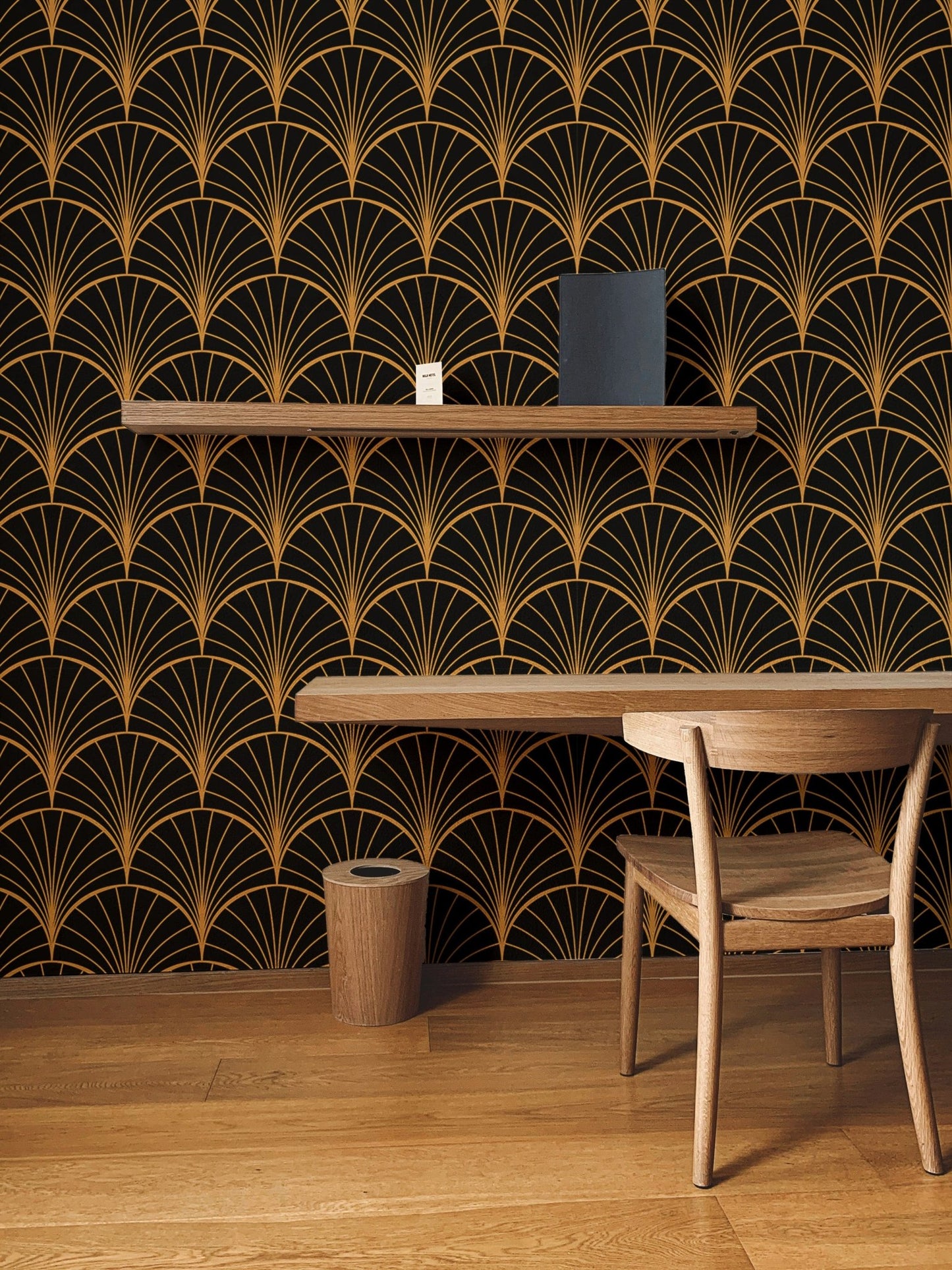 Yellow Art Deco wallpaper for modern study room walls.