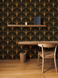 Yellow Art Deco wallpaper for modern study room walls.