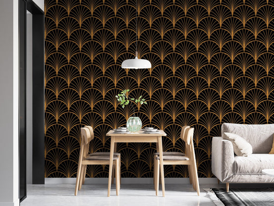 Dark Blue Art Deco wallpaper applied in a modern dining room setting.