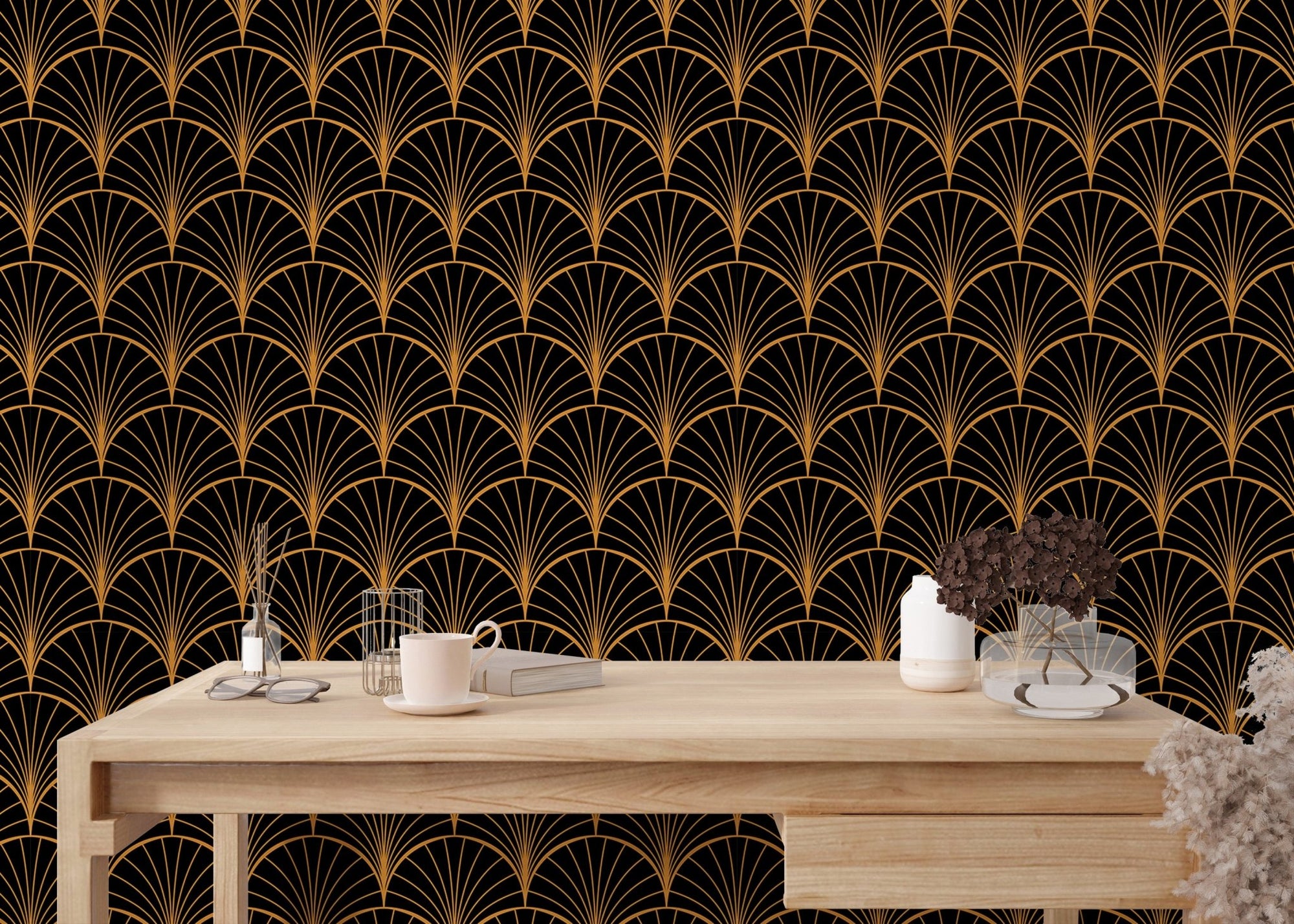 Bright yellow Deco wallpaper for study area.