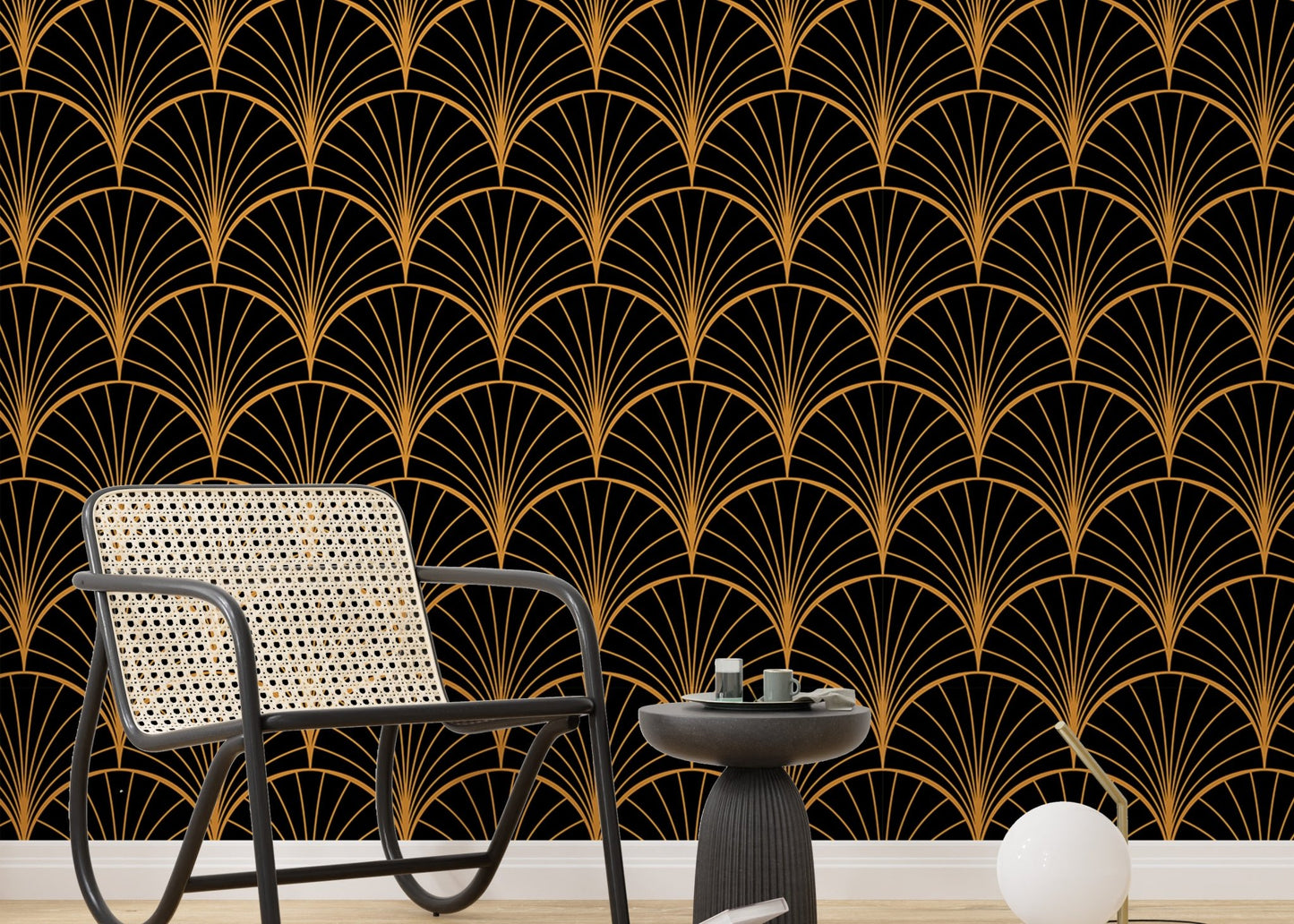 Chic yellow Deco wallpaper for stylish interior walls.