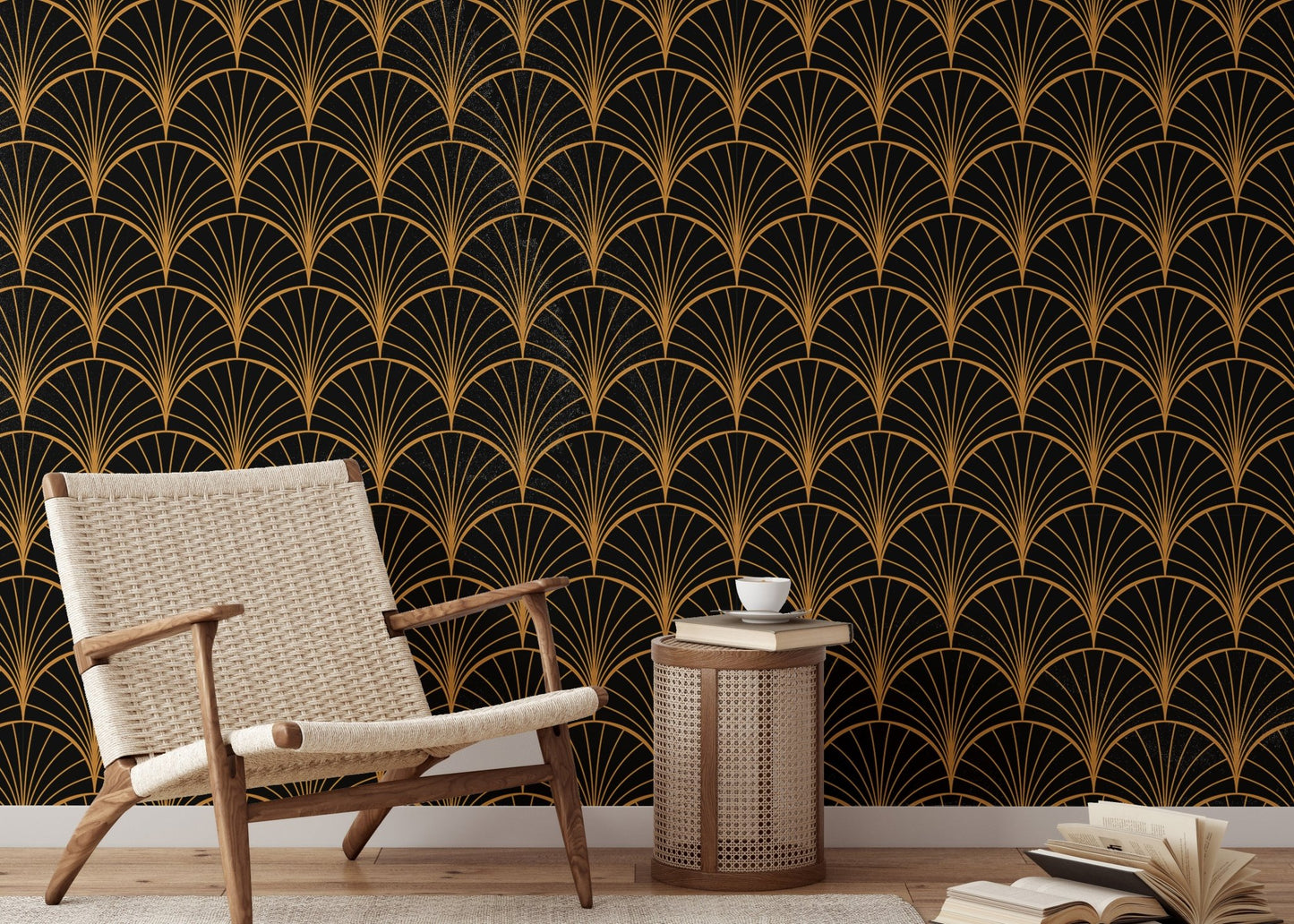 Sophisticated yellow Deco wallpaper for reading room backdrop.
