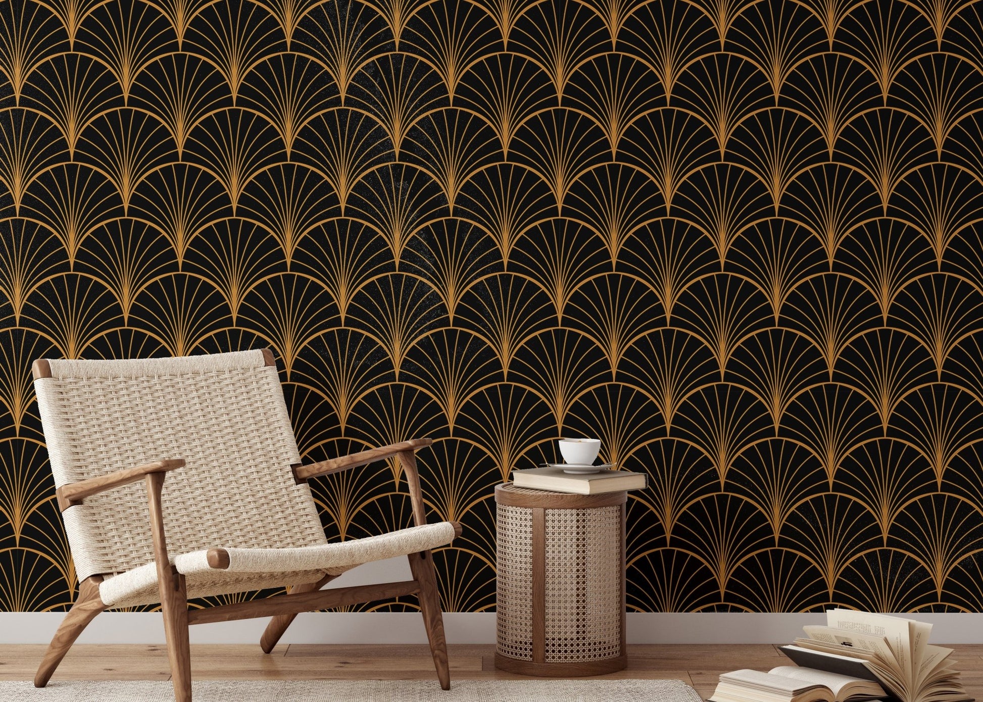 Sophisticated yellow Deco wallpaper for reading room backdrop.