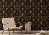 Sophisticated yellow Deco wallpaper for reading room backdrop.