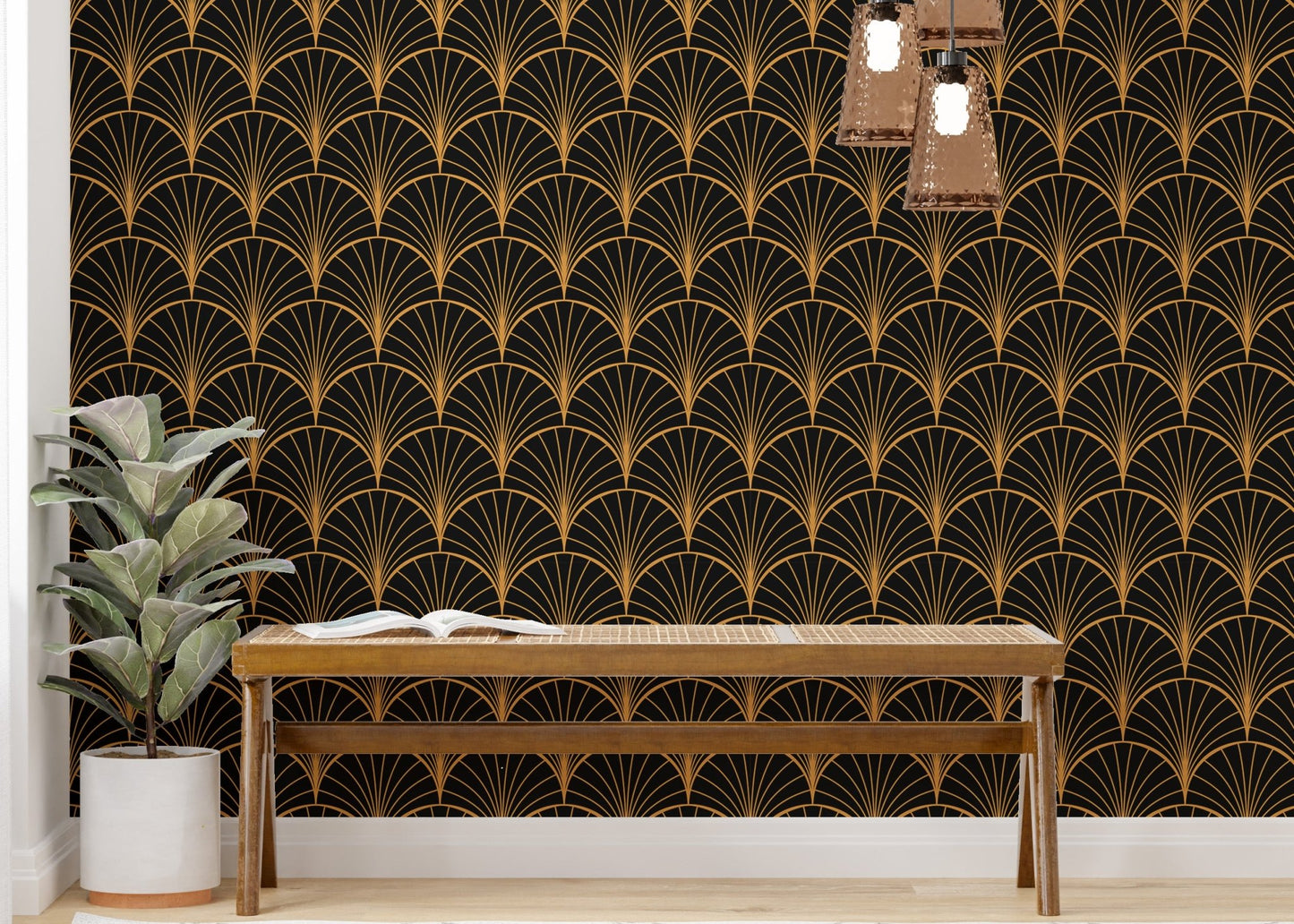 Yellow Color Art Deco wallpaper displayed behind a wooden hallway bench.