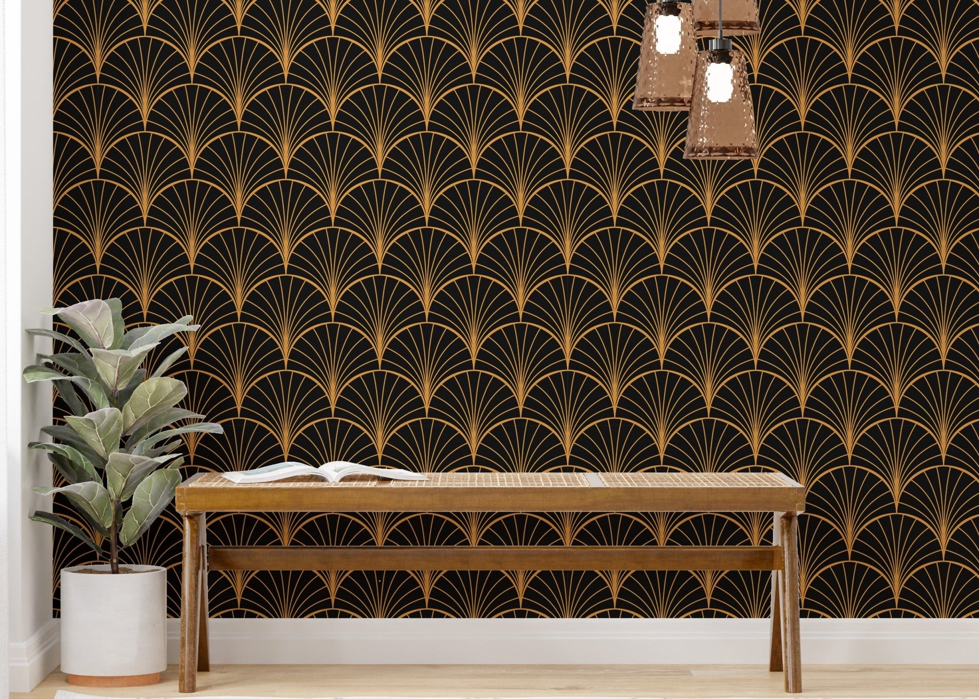 Yellow Color Art Deco wallpaper displayed behind a wooden hallway bench.