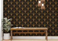 Yellow Color Art Deco wallpaper displayed behind a wooden hallway bench.