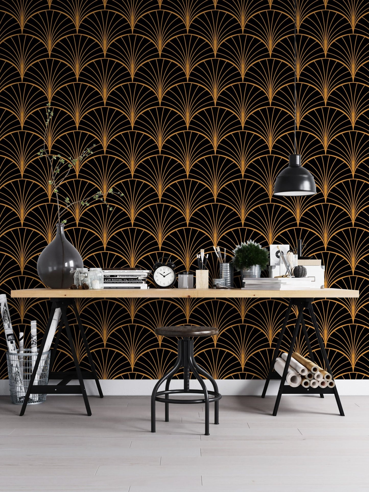 Yellow Deco wallpaper design for cozy workspace walls.