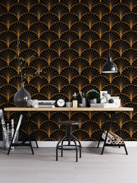 Yellow Deco wallpaper design for cozy workspace walls.